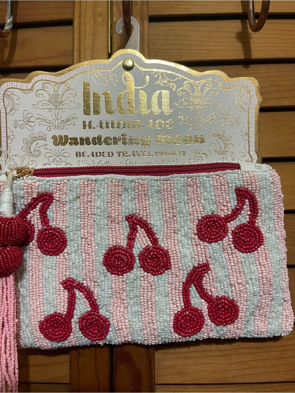 Beaded Cherry Zip Pouch - Pink & White